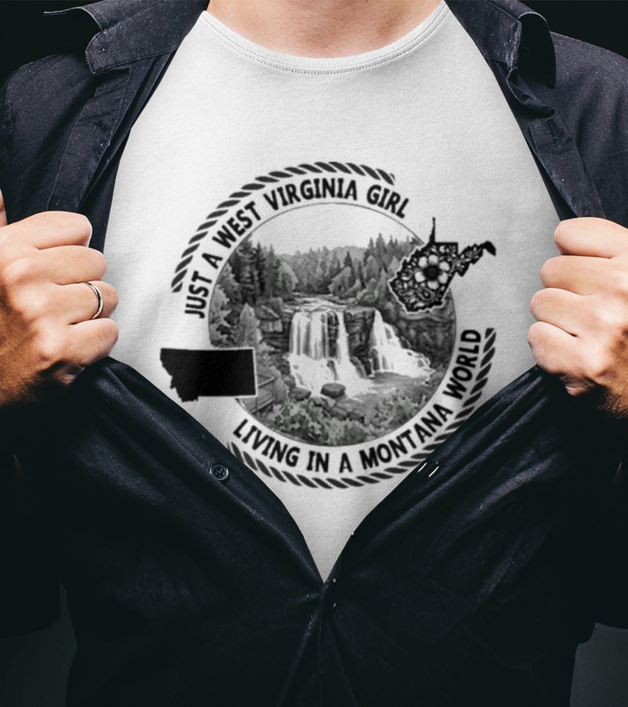 AI West Virginia Girl Living In A Montana World Forest Waterfall Scene T-Shirt