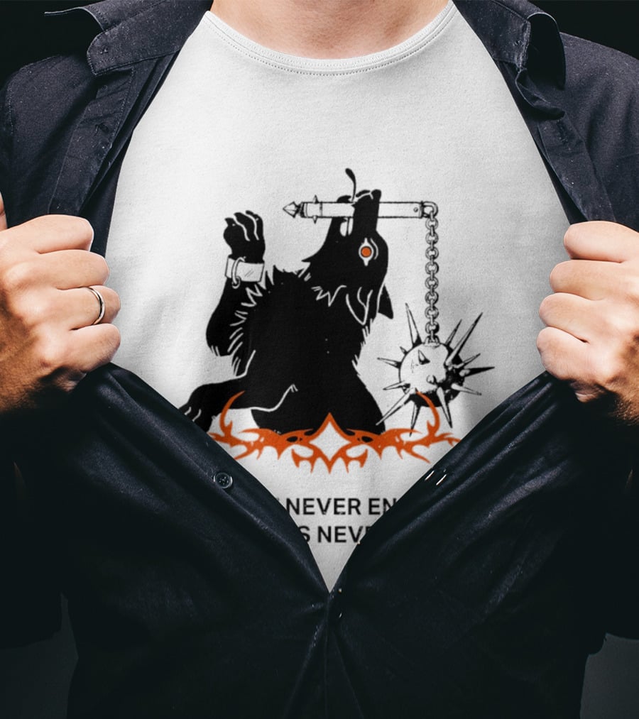 If It Never Ends Then It's Never Over Gothic Skeleton Warrior With Spiked Mace And Orange Flames T-Shirt