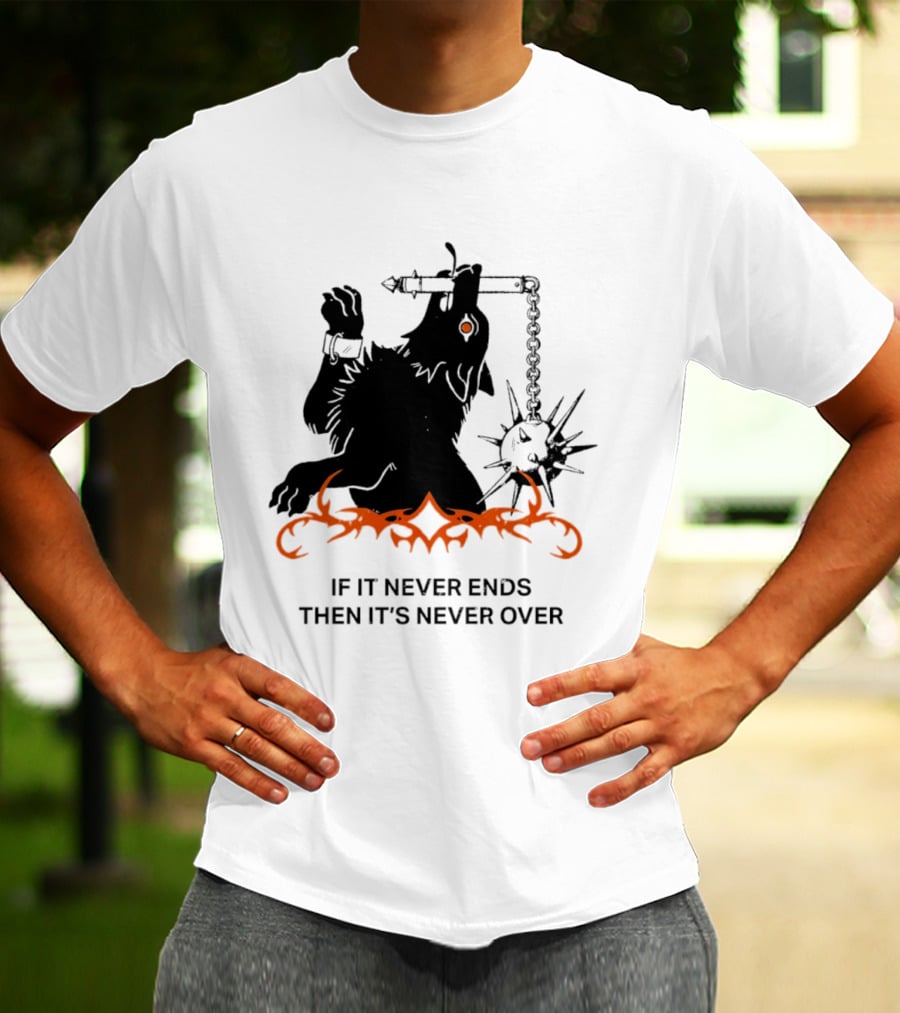 If It Never Ends Then It's Never Over Gothic Skeleton Warrior With Spiked Mace And Orange Flames T-Shirt