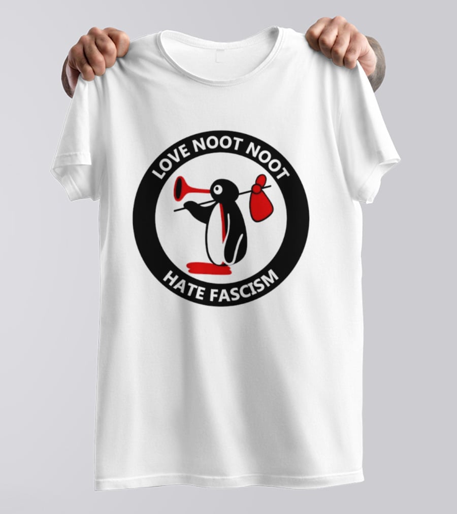 Love Noot Noot Hate Fascism Penguin Carrying Red Bag T-Shirt