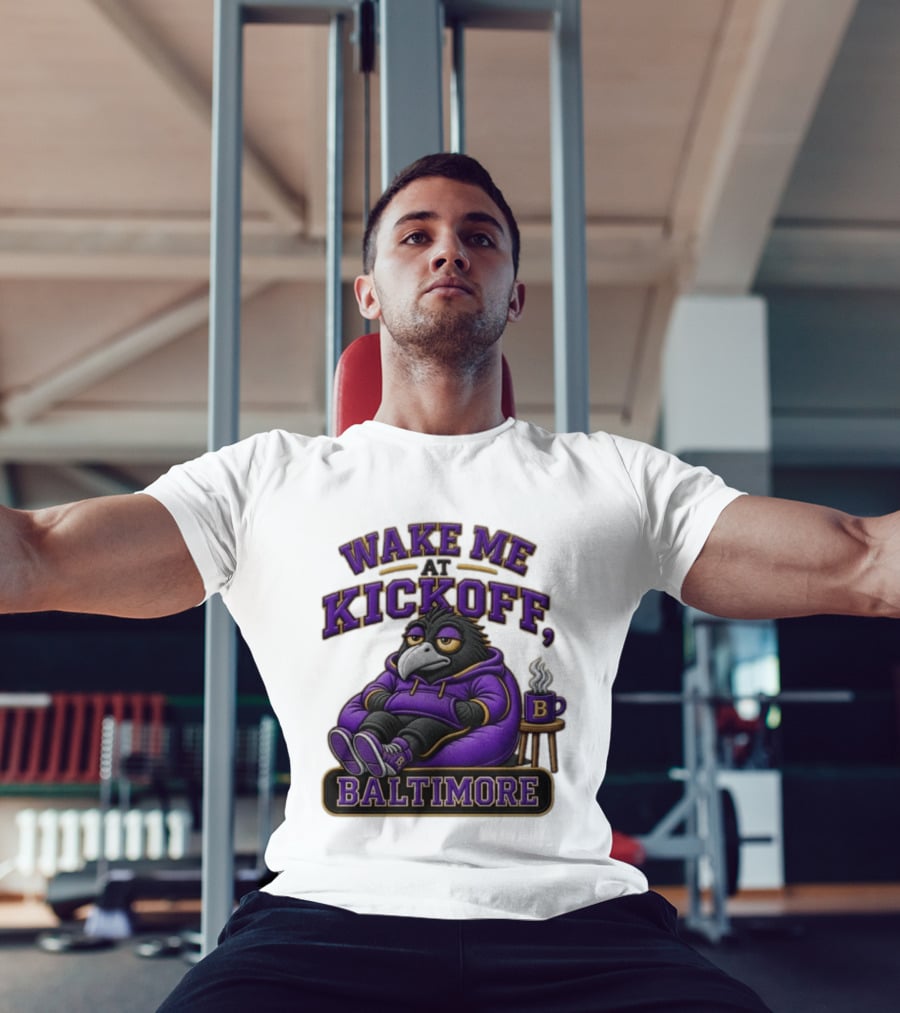 Wake Me At Kickoff Baltimore Purple Bird With Coffee T-Shirt