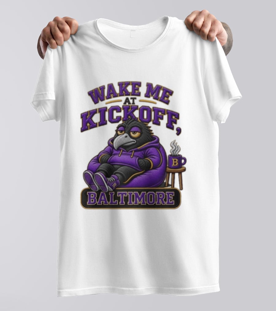 Wake Me At Kickoff Baltimore Purple Bird With Coffee T-Shirt