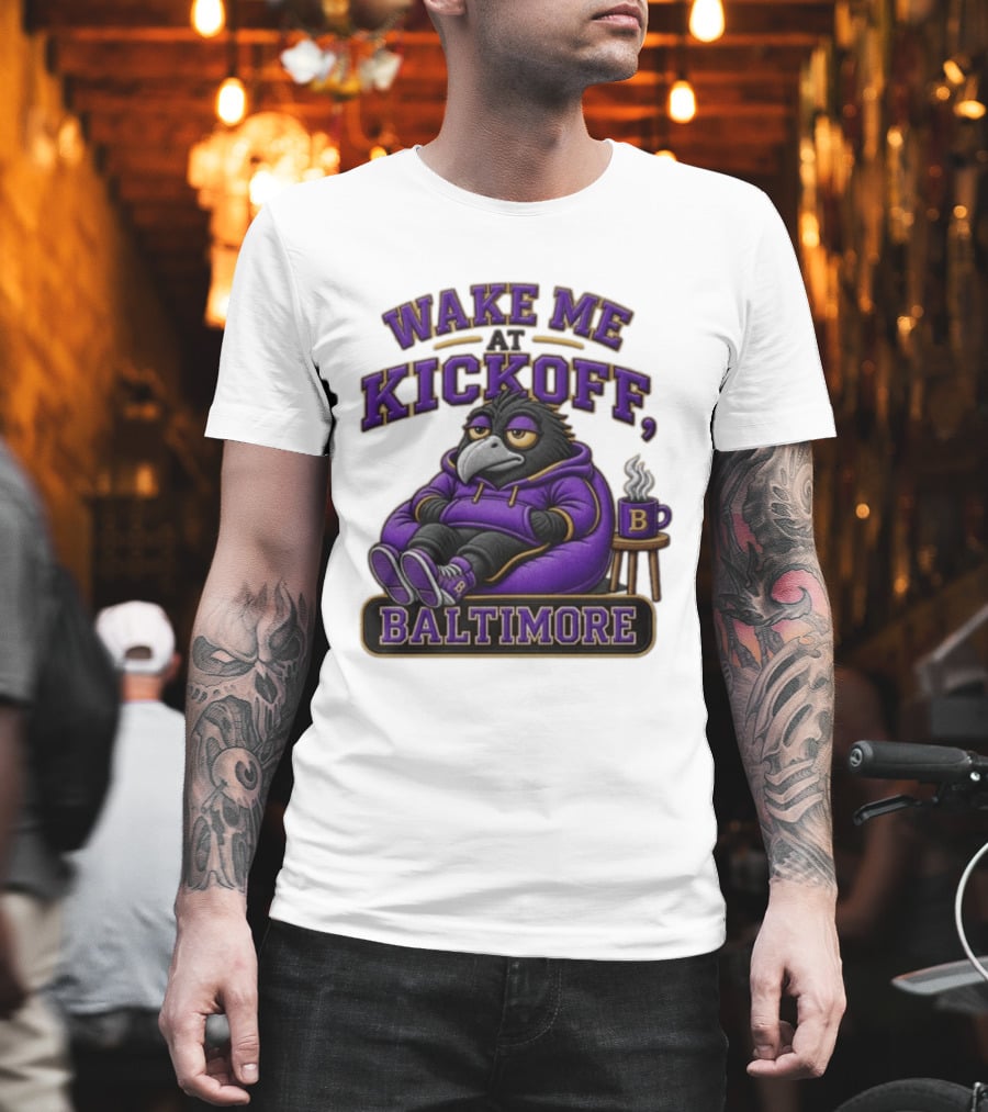 Wake Me At Kickoff Baltimore Purple Bird With Coffee T-Shirt