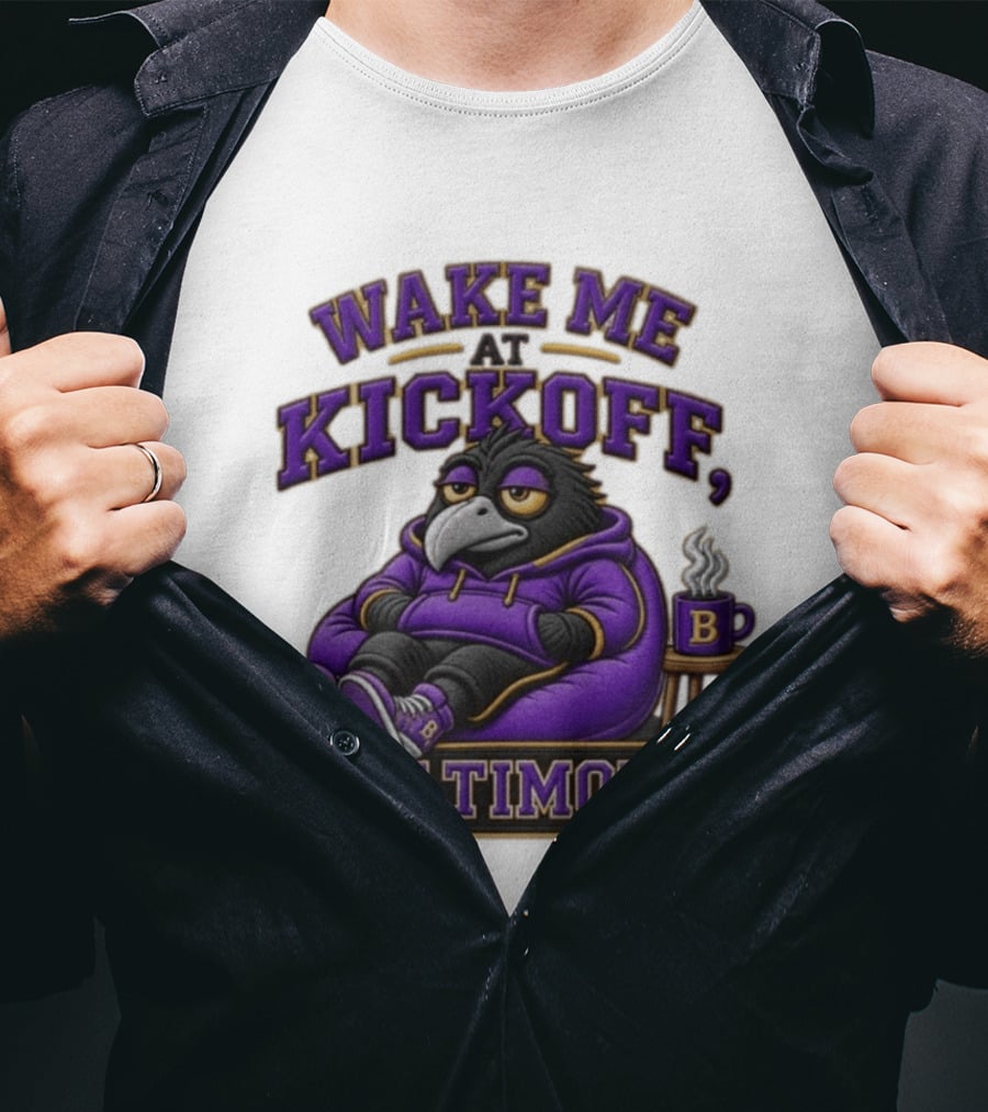 Wake Me At Kickoff Baltimore Purple Bird With Coffee T-Shirt