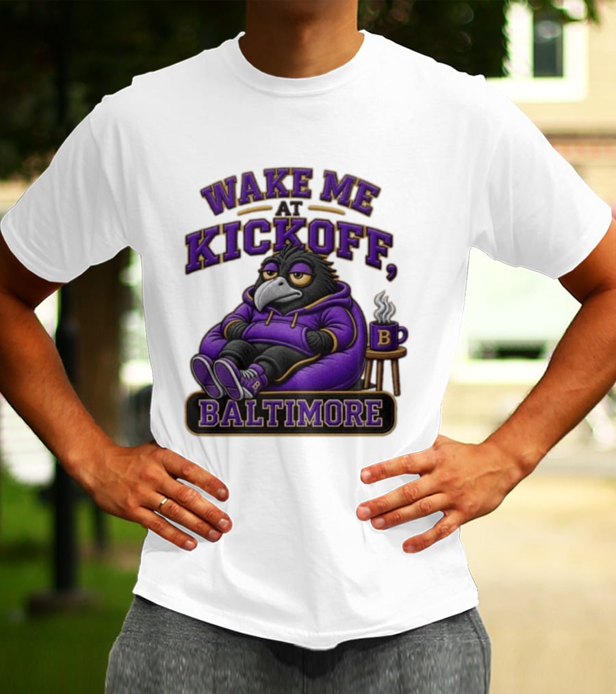 Wake Me At Kickoff Baltimore Purple Bird With Coffee T-Shirt