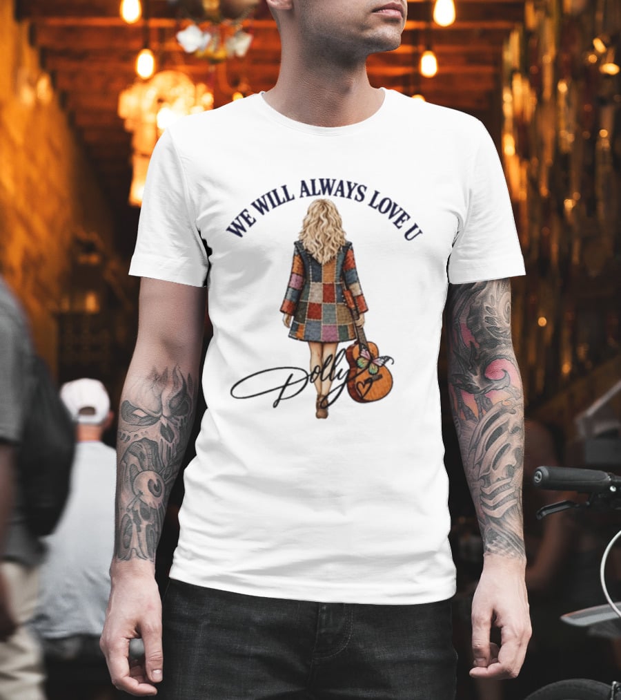 We Will Always Love U Dolly Retro Patchwork Guitar T-Shirt