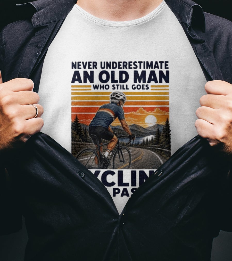 Never Underestimate An Old Man Who Still Goes Cycling With Passion Vintage Sunset Scene T-Shirt