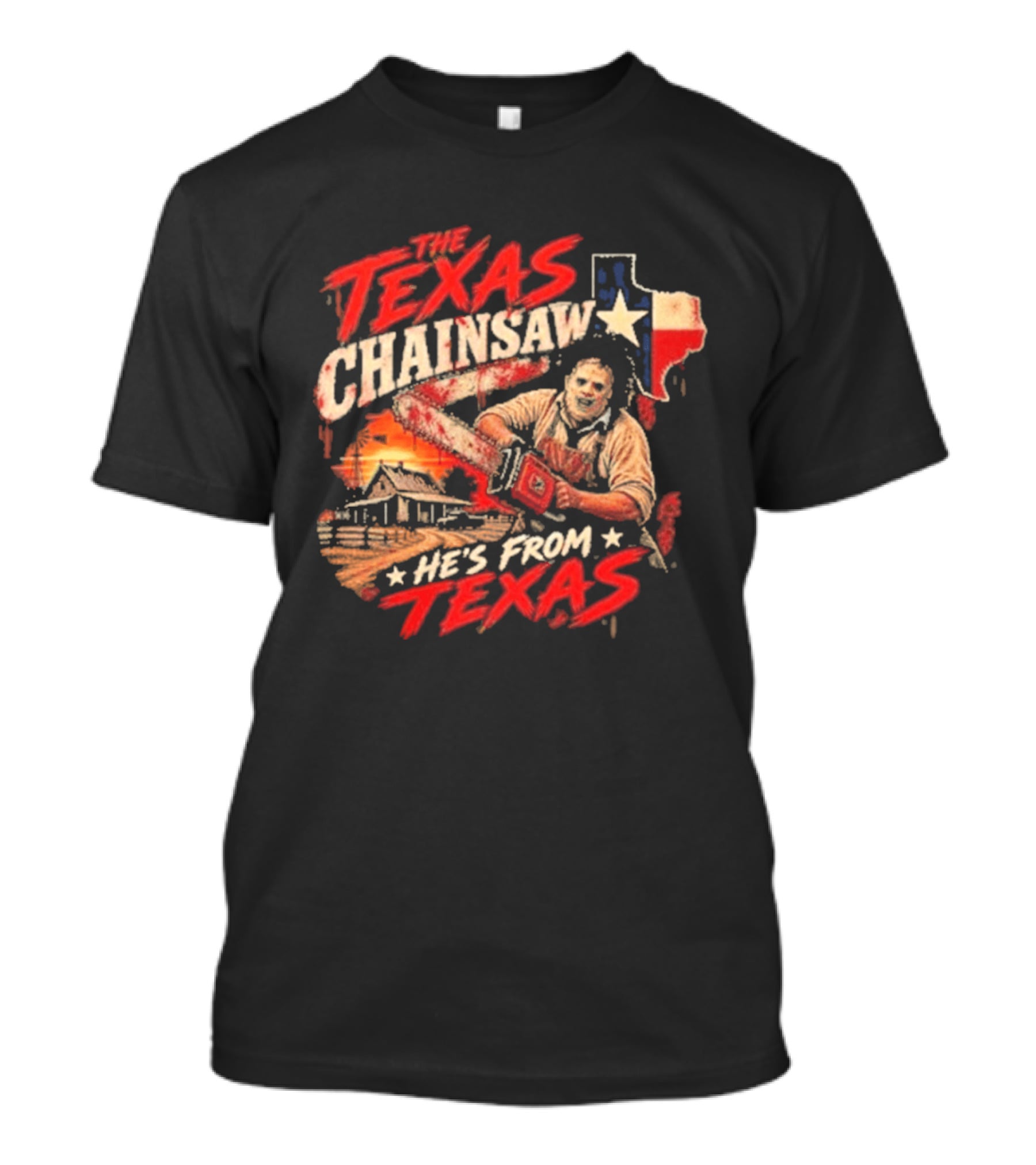 The Texas Chainsaw He's From Texas Horror Icon Chainsaw House Sunset T-Shirt