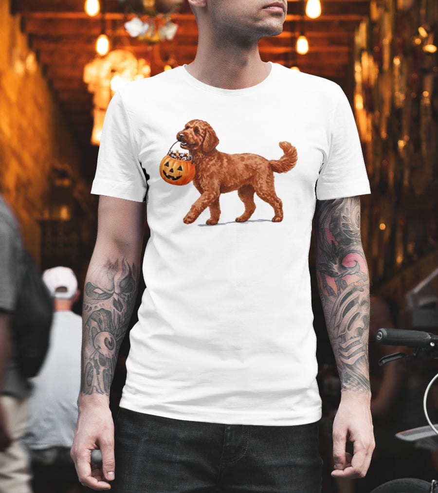 Goldendoodle Halloween Spooky Dog 2026 Pumpkin Treat Bucket T-Shirt