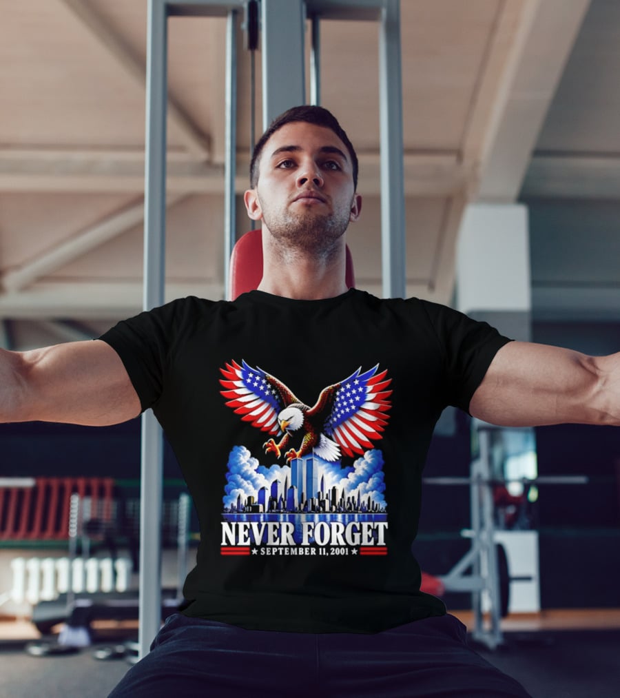 Never Forget September 11 2001 Eagle American Flag Twin Towers Memorial T-Shirt