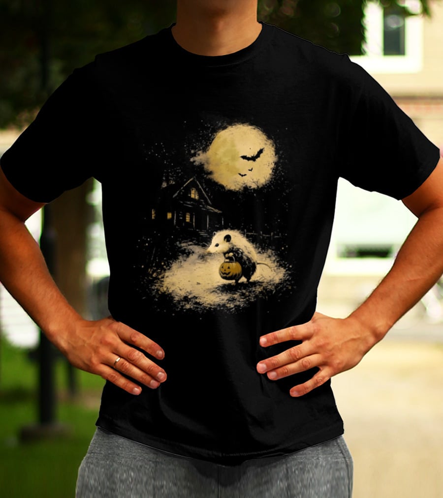 Opossum Halloween 2026 Pumpkin Spooky Moon Haunted House Scene T-Shirt