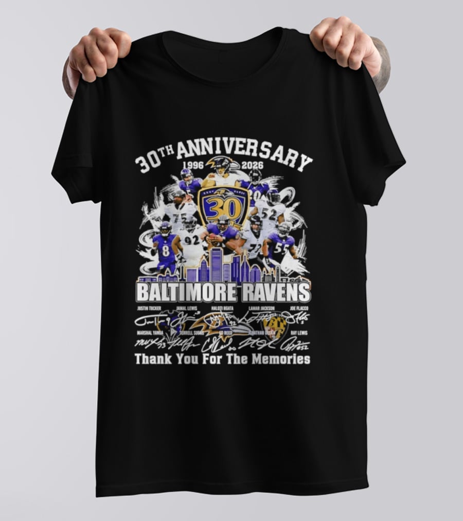 30th Anniversary Baltimore Ravens 1996 2026 Thank You For The Memories Signatures T-Shirt