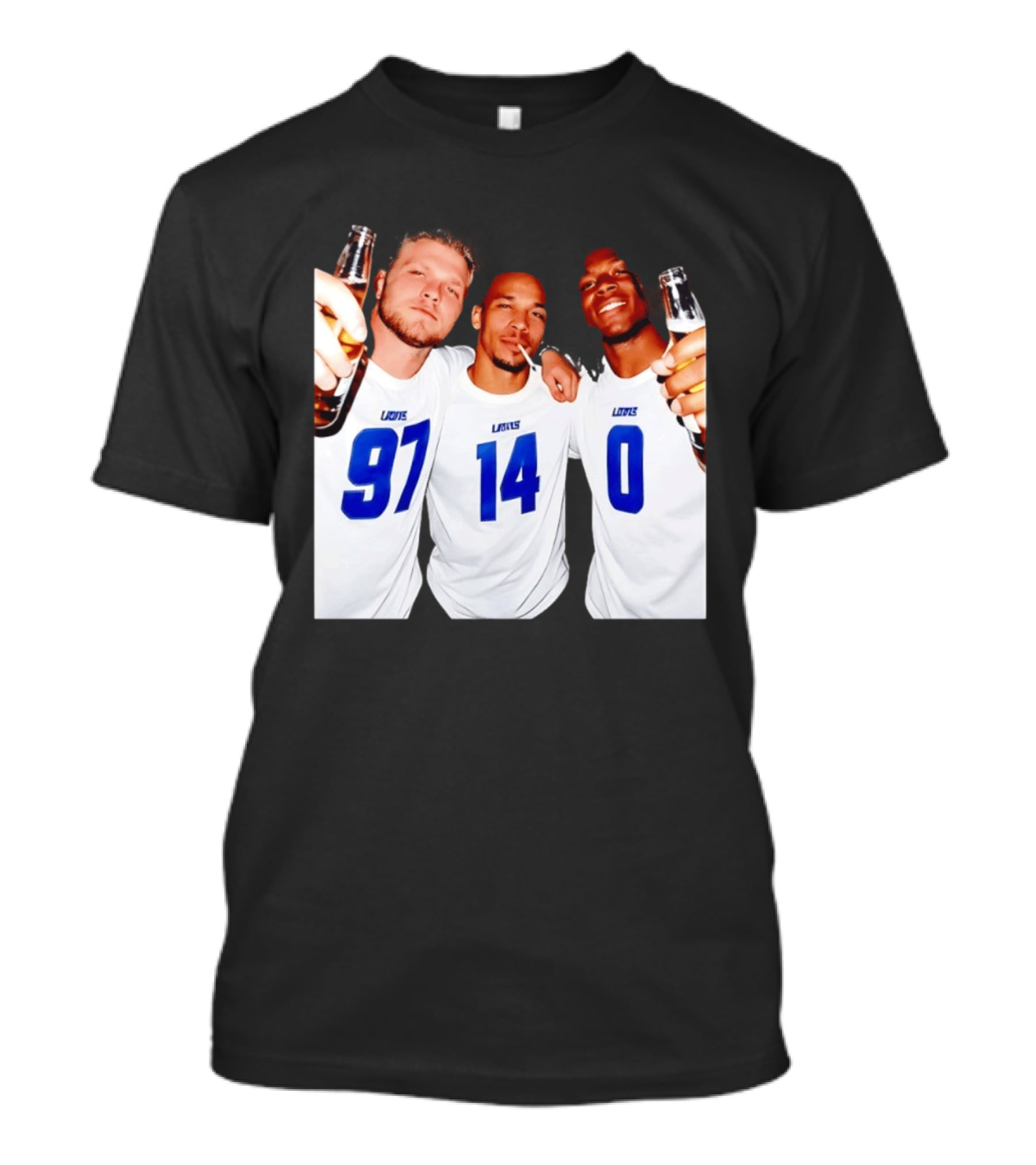 Detroit Lions Aidan Hutchinson Amon Ra St. Brown Jahmyr Gibbs Holding Beer Bottles Smoking Celebration T-Shirt
