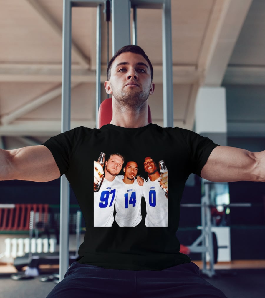 Detroit Lions Aidan Hutchinson Amon Ra St. Brown Jahmyr Gibbs Holding Beer Bottles Smoking Celebration T-Shirt