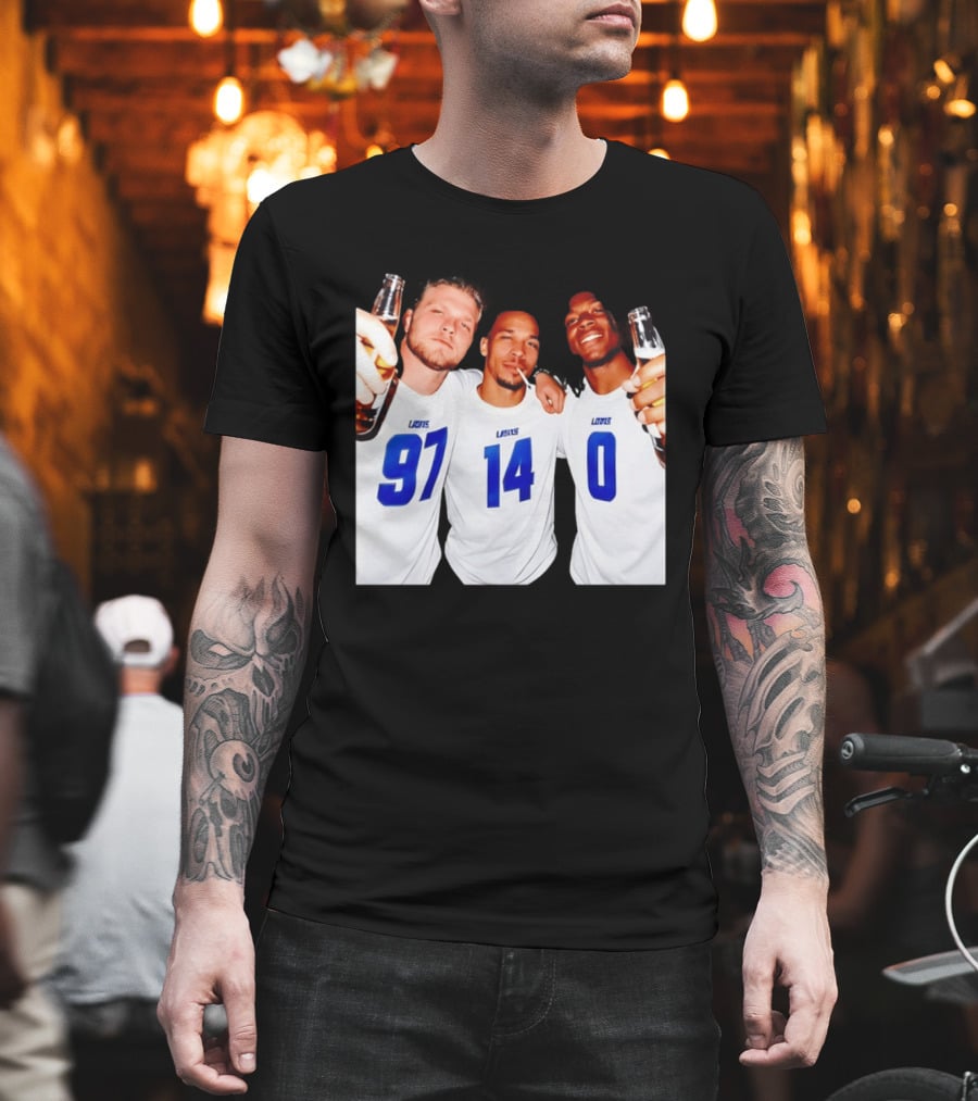 Detroit Lions Aidan Hutchinson Amon Ra St. Brown Jahmyr Gibbs Holding Beer Bottles Smoking Celebration T-Shirt