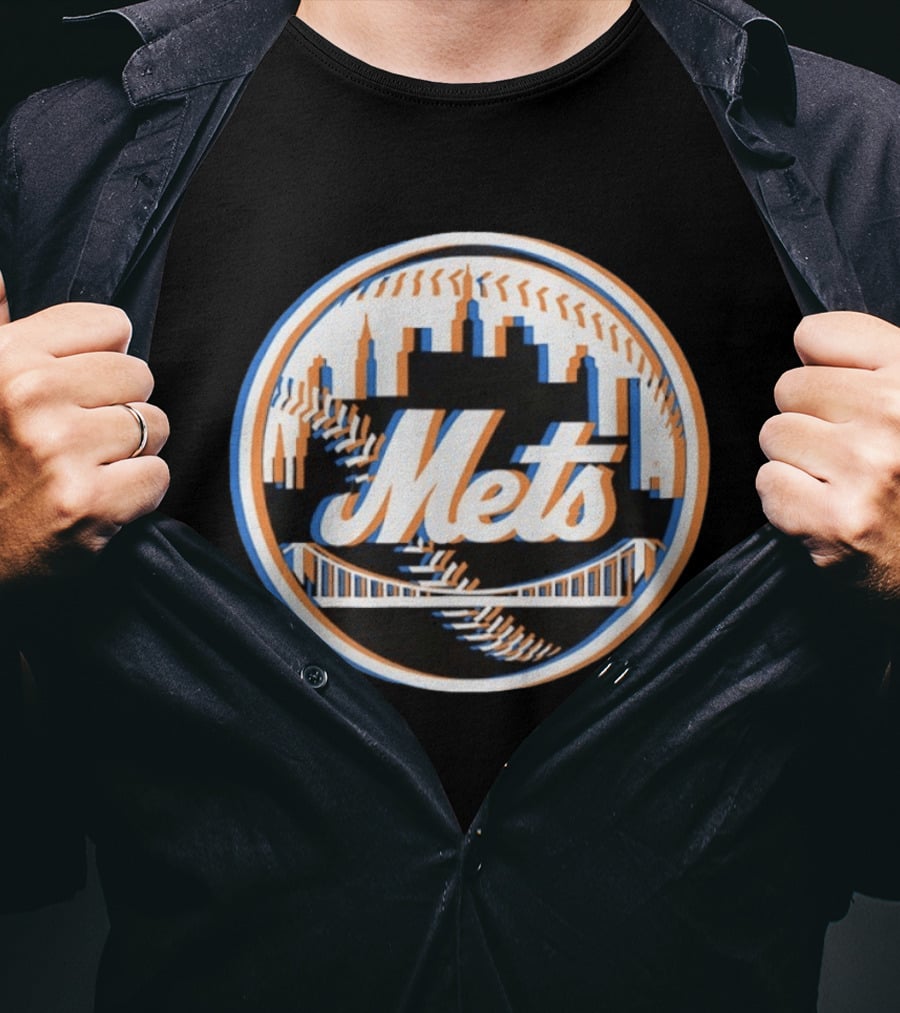 New York Mets Glitch 2026 MLB Season Skyline Bridge Baseball T-Shirt