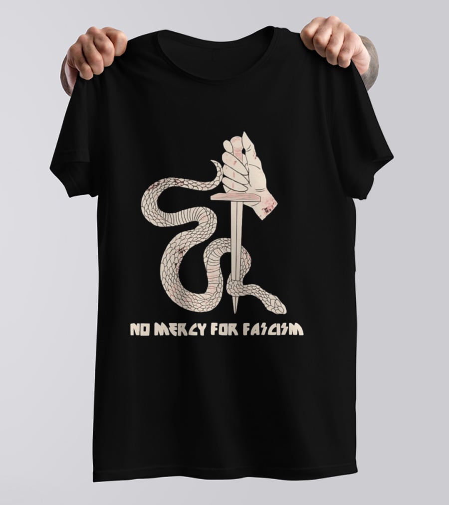 No Mercy For Fascism Snake Winding Around Dagger And Hand T-Shirt