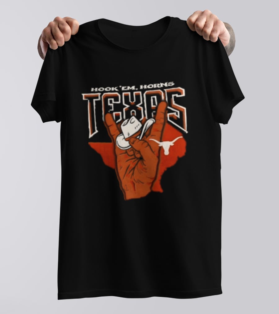 Hook 'em Texas Longhorns Hand Sign With Cowboy Hat And Longhorn T-Shirt