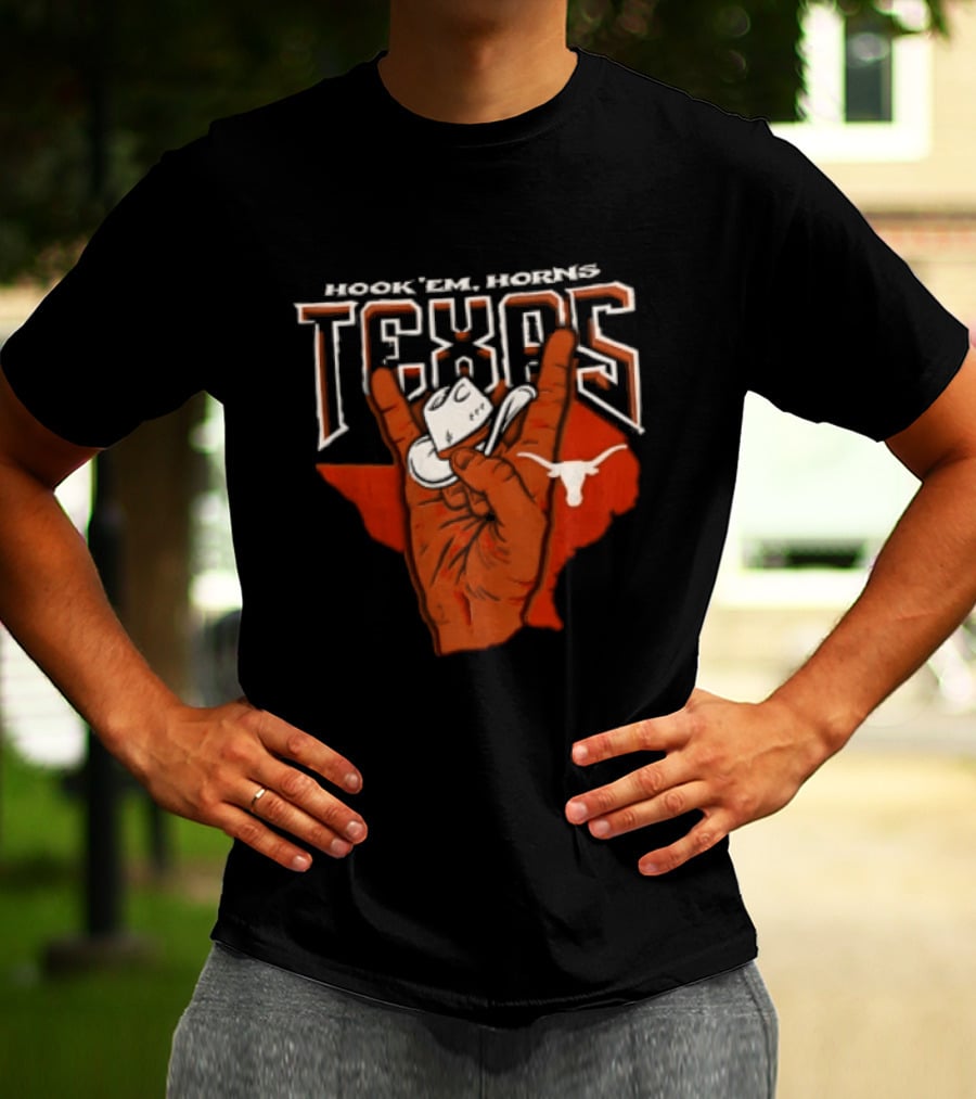 Hook 'em Texas Longhorns Hand Sign With Cowboy Hat And Longhorn T-Shirt