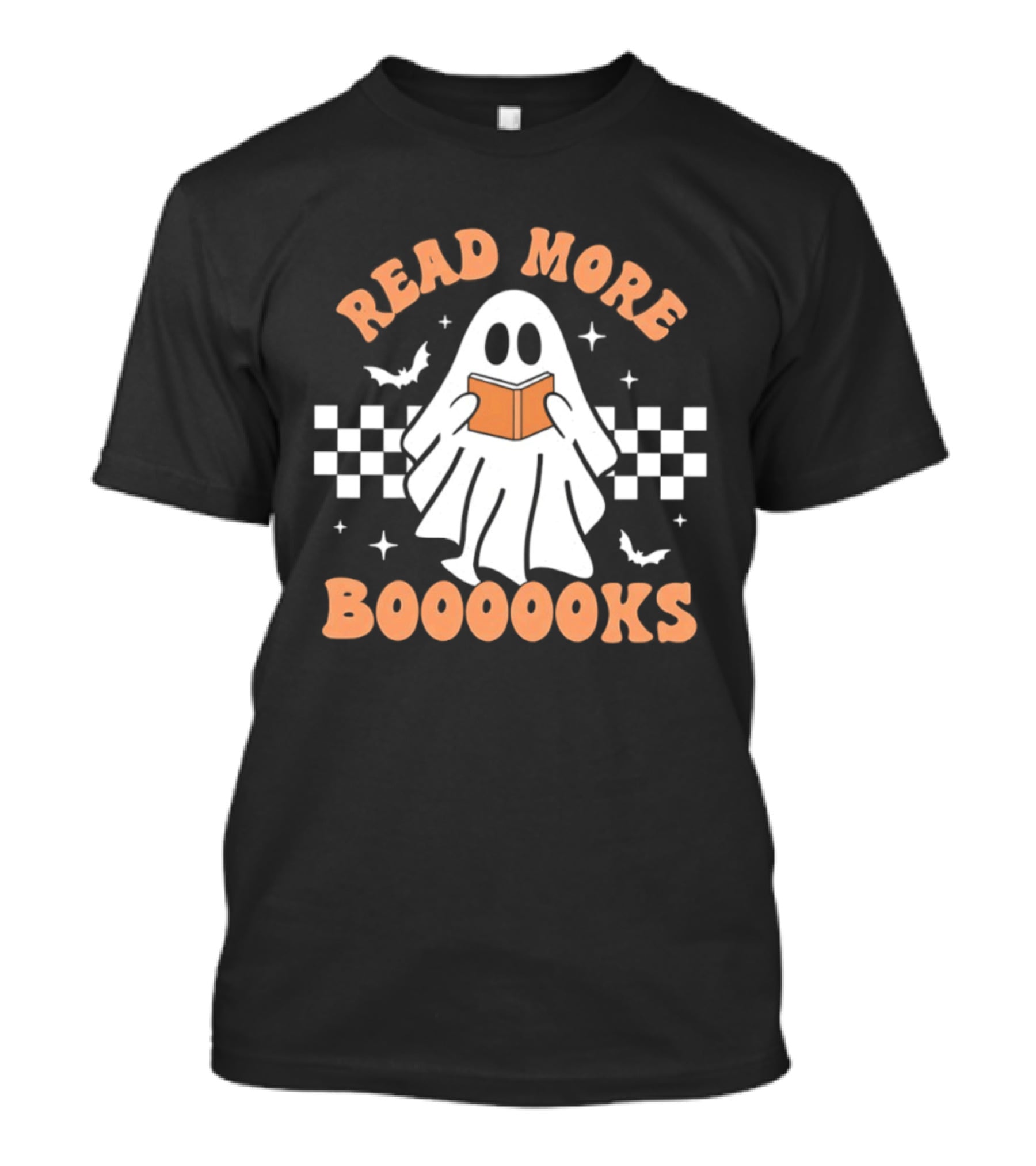 Read More Booooks Ghost Halloween Bat Checkerboard T-Shirt