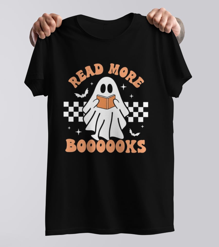 Read More Booooks Ghost Halloween Bat Checkerboard T-Shirt