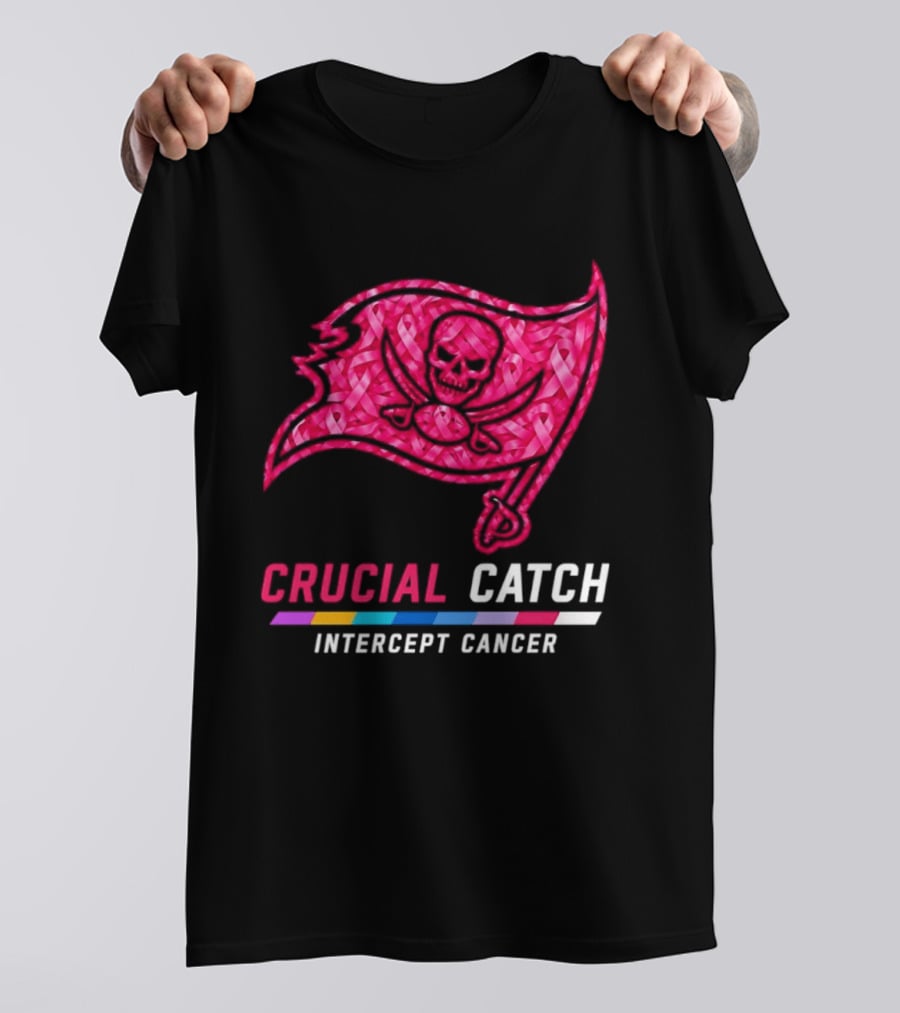 Tampa Bay Buccaneers 2026 Crucial Catch Intercept Cancer Pink Ribbon Flag T-Shirt