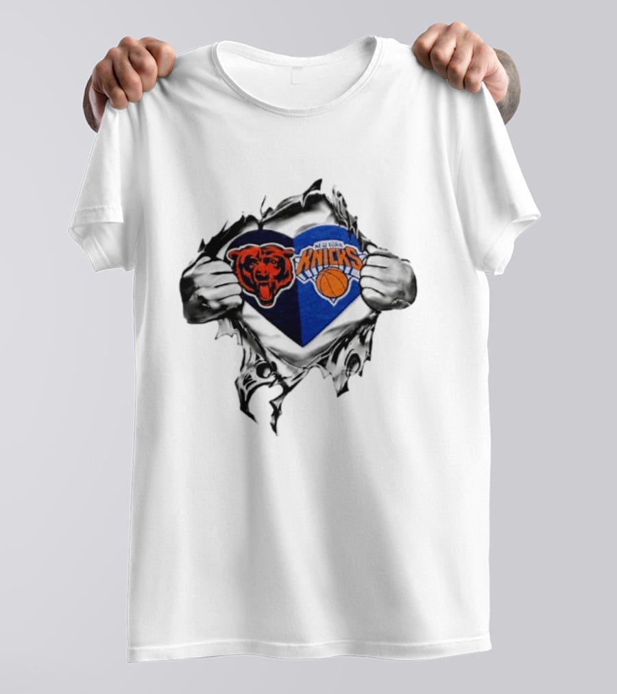 Chicago Bears New York Knicks Heart Symbol Fan Pride Collaboration T-Shirt