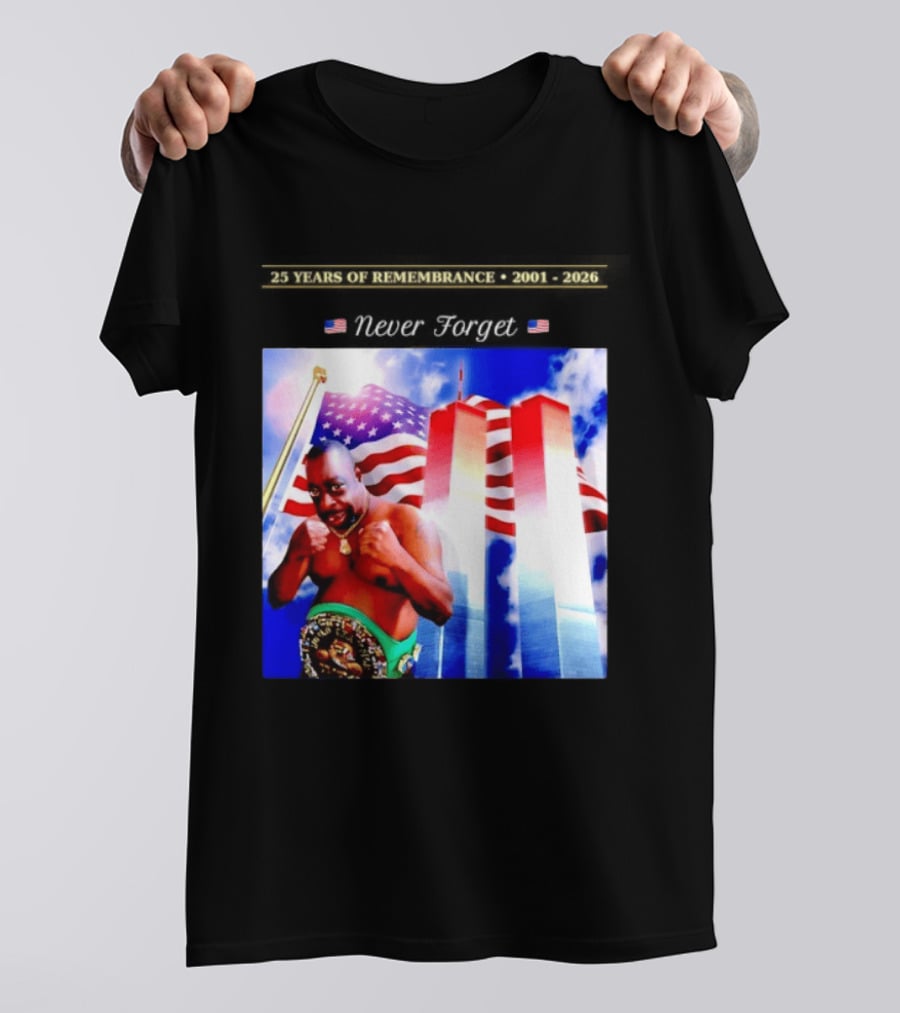 25 Years Of Remembrance 2001 2026 Beetlejuice Never Forget Twin Towers Boxing Belt American Flag T-Shirt