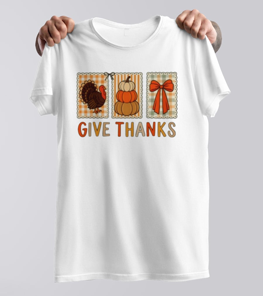 Thanksgiving Give Thanks Turkey Pumpkin Bow Harvest Celebration T-Shirt