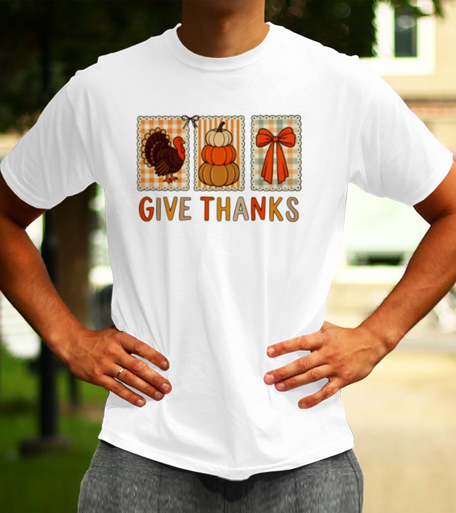 Thanksgiving Give Thanks Turkey Pumpkin Bow Harvest Celebration T-Shirt