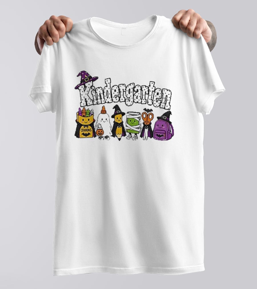 Kindergarten Crayons Ghost Bat Pumpkin Mummy Scissors Backpack Halloween T-Shirt