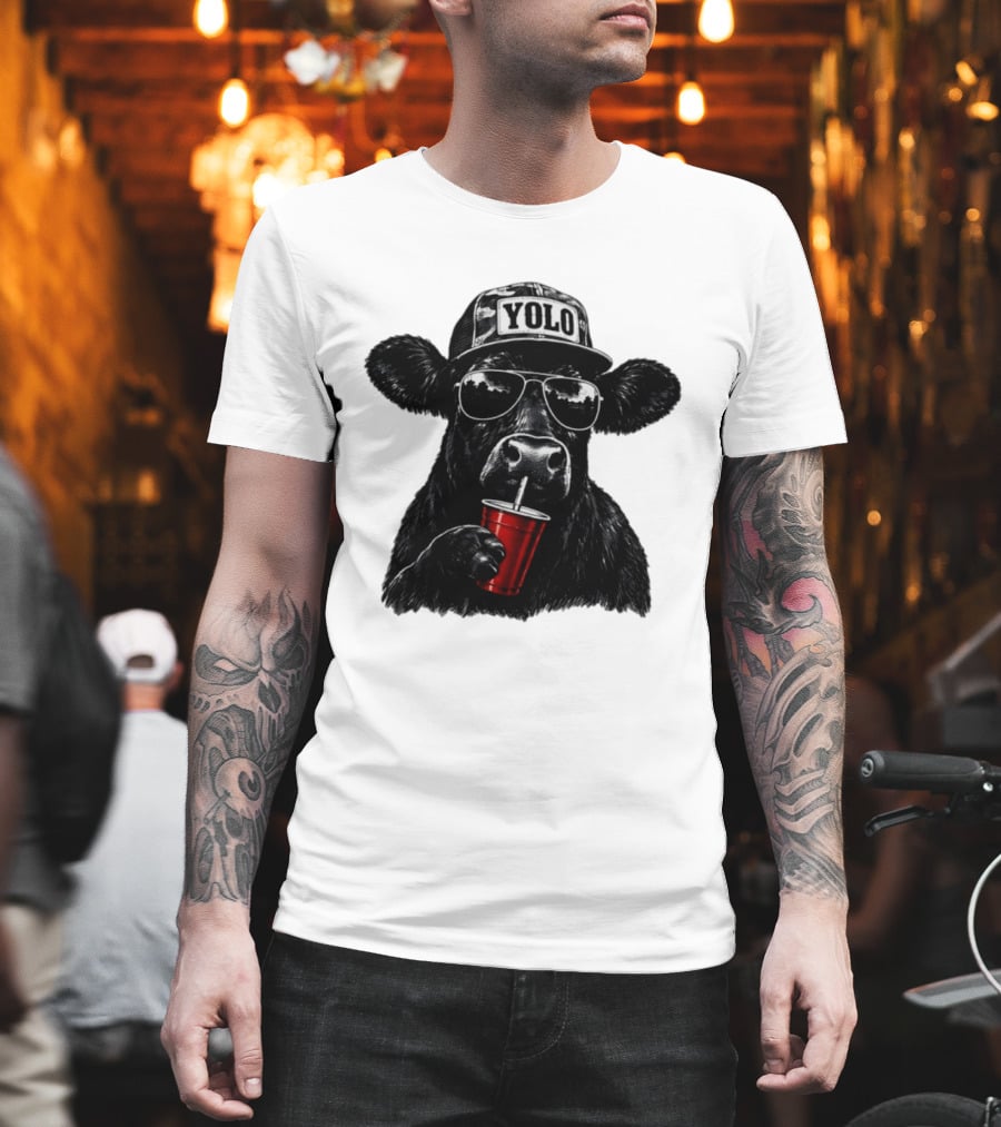 YOLO Angus Cattle With Sunglasses And Red Cup Western T-Shirt