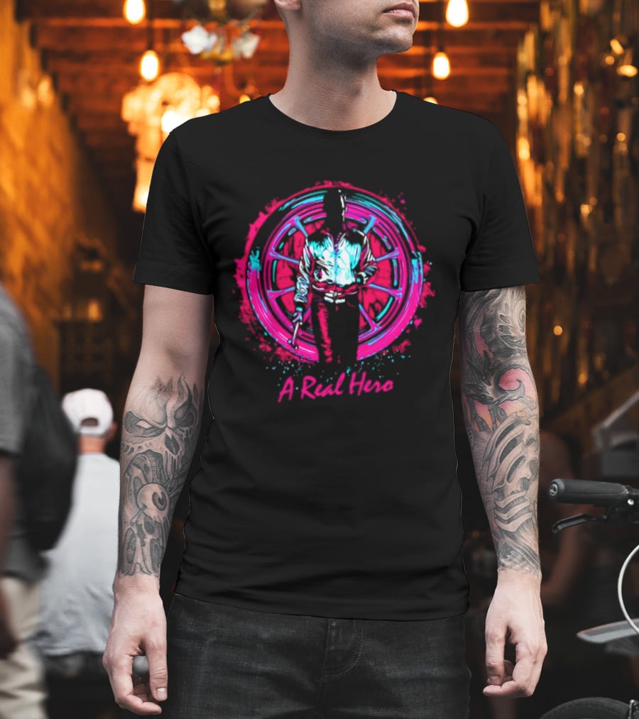 Drive Ryan Gosling Synthwave A Real Hero Wheel T-Shirt