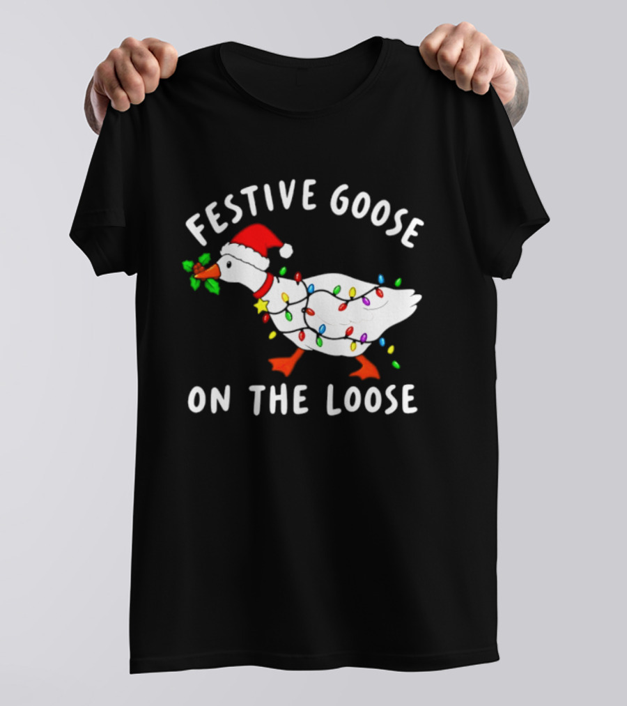 Festive Goose On The Loose With Christmas Lights And Santa Hat T-Shirt