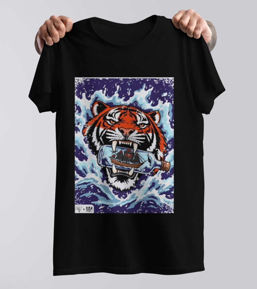 Bengals Vs Buccaneers Tiger And Pirate Ship Battle In A Bottle T-Shirt