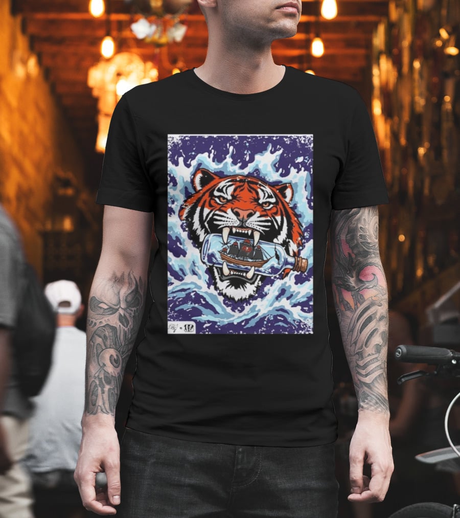 Bengals Vs Buccaneers Tiger And Pirate Ship Battle In A Bottle T-Shirt