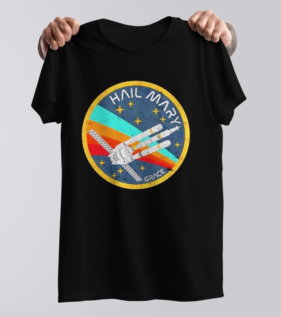 Hail Mary Grace Project Space Mission Emblem Retro Rocket T-Shirt
