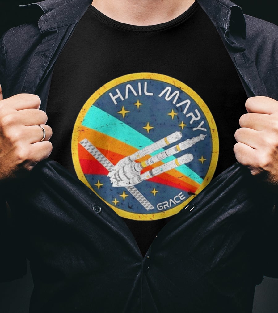 Hail Mary Grace Project Space Mission Emblem Retro Rocket T-Shirt