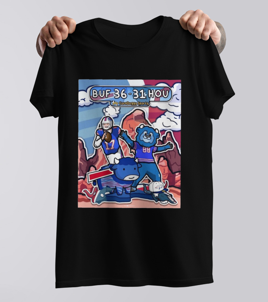 BUF 36 31 HOU CornDoggy Sports Doodle Buffalo Bills Houston Texans Game Day T-Shirt
