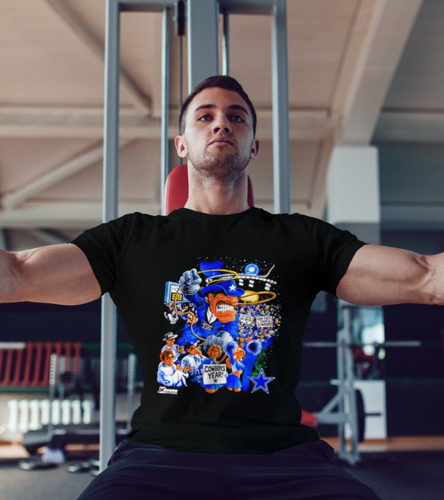 Dallas Cowboys Rowdy Mascot With Star And Cheerleaders Retro Cartoon T-Shirt