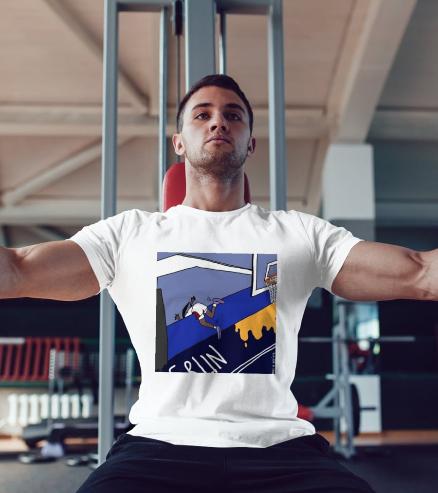 Basketball Player Diving Off Court Cartoon NBA Fan Art By Reuben Armstrong T-Shirt