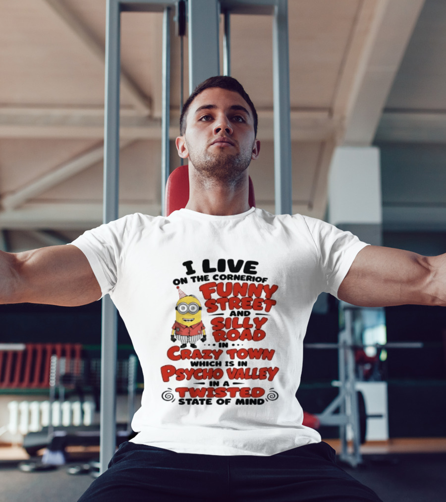 Minions I Live On The Corner Of Funny Street And Silly Road In Crazy Town Psycho Valley Twisted State Of Mind T-Shirt