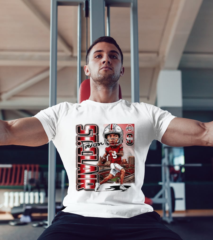 Tavien St. Clair 9 Ohio State Buckeyes Player Caricature With Ohio Stadium T-Shirt