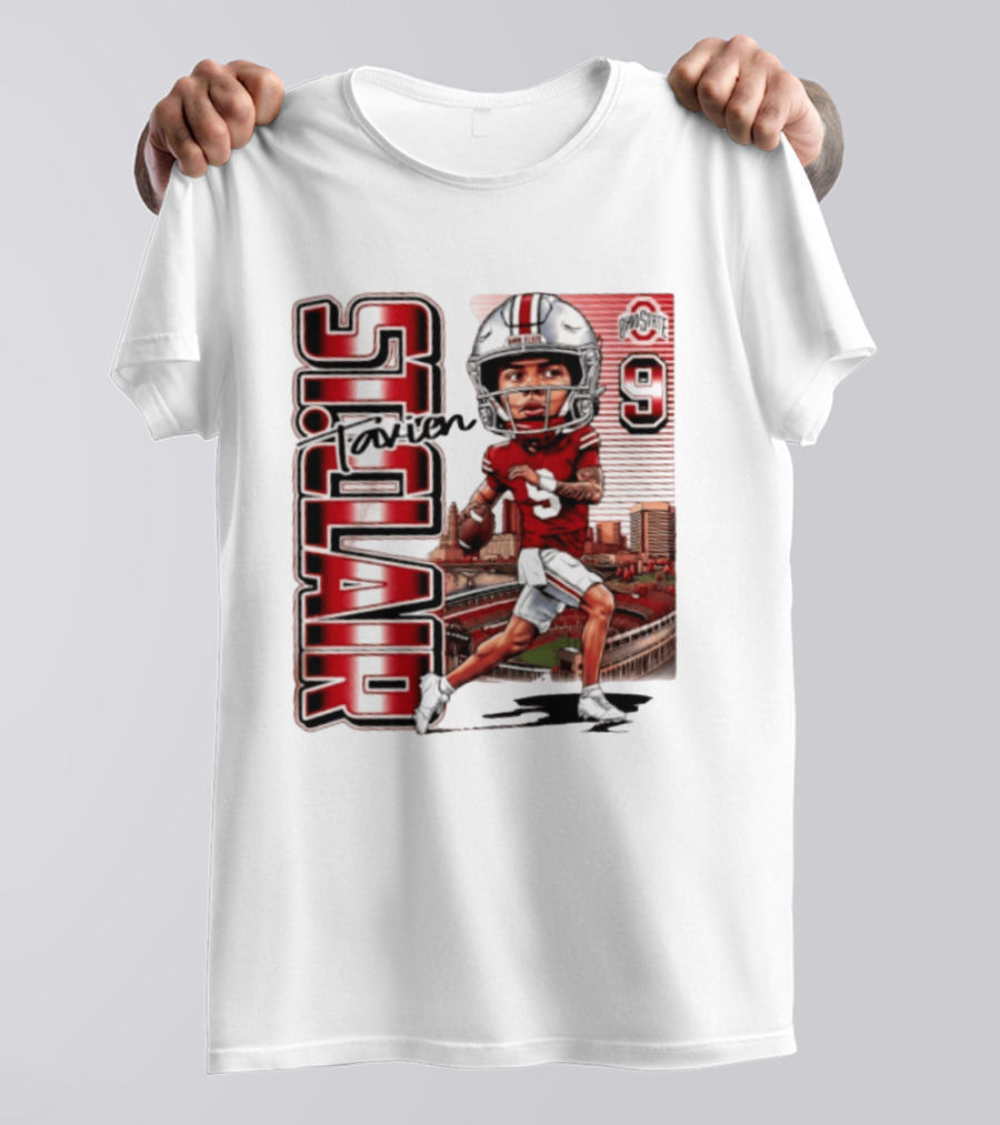 Tavien St. Clair 9 Ohio State Buckeyes Player Caricature With Ohio Stadium T-Shirt