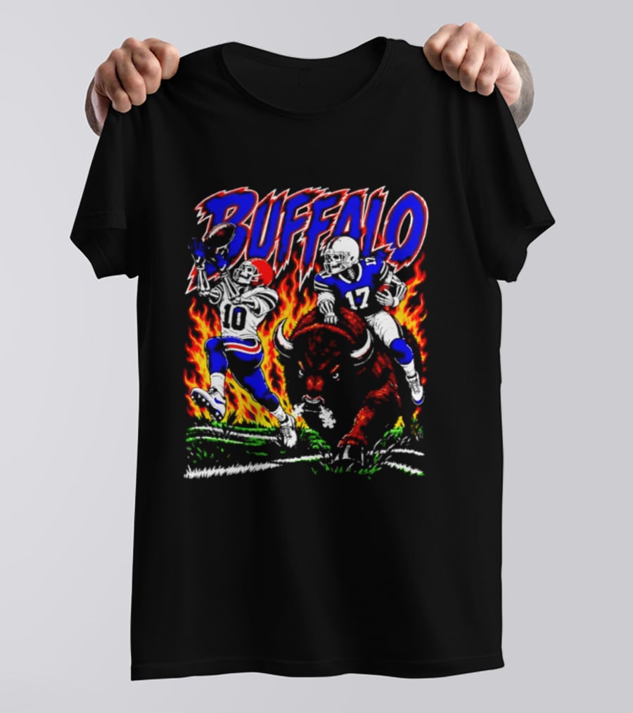 Buffalo Bills Flaming Skeleton Football Players Number 10 And 17 T-Shirt