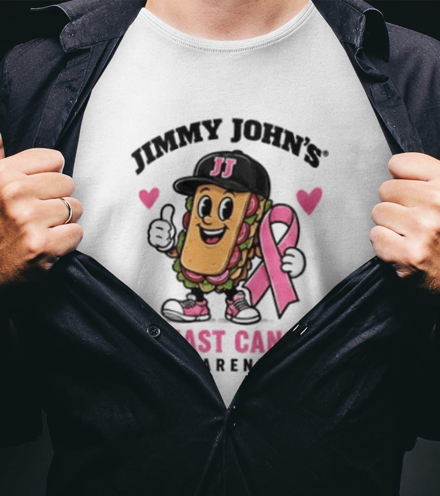 Jimmy John's Pink Ribbon Breast Cancer Awareness Sandwich JJ Hat Hearts T-Shirt