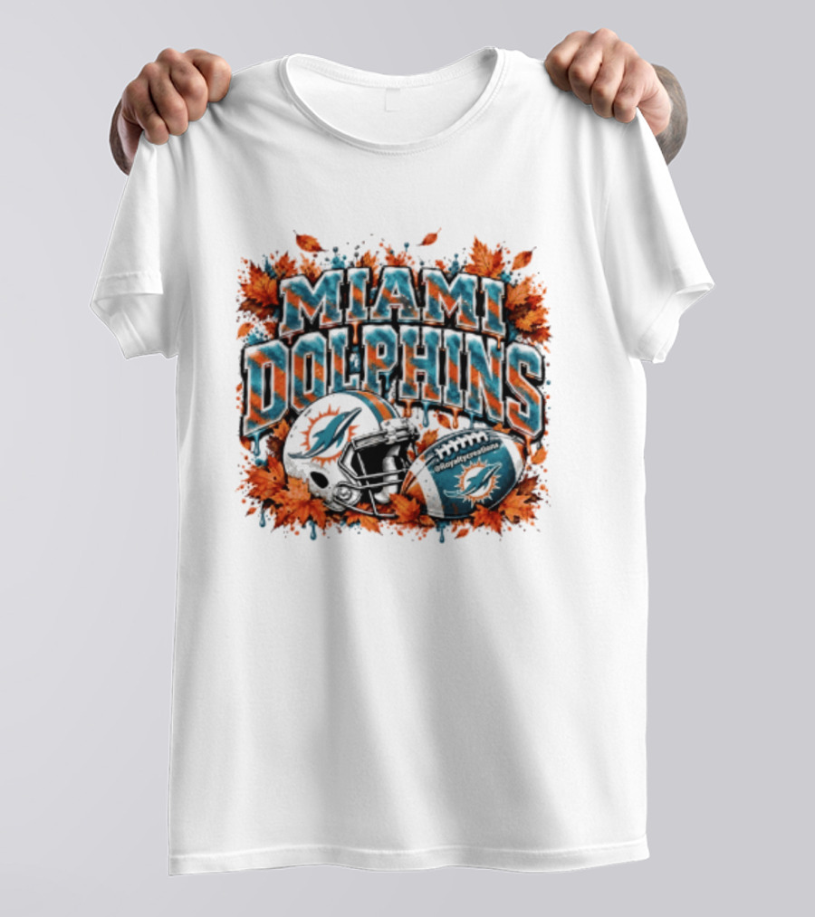 Miami Dolphins Football Helmet Autumn Leaves Halloween 2026 T-Shirt
