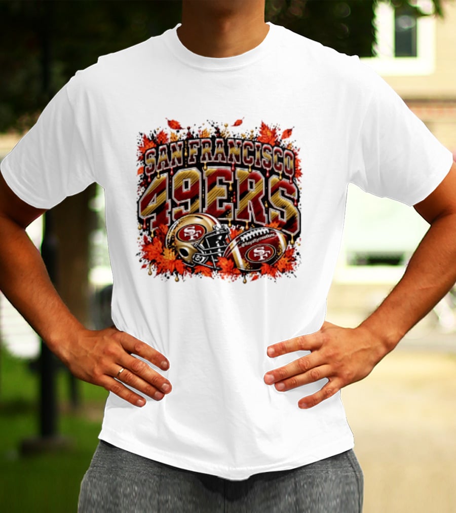 San Francisco 49ers Helmet And Football Autumn Leaves 2026 T-Shirt