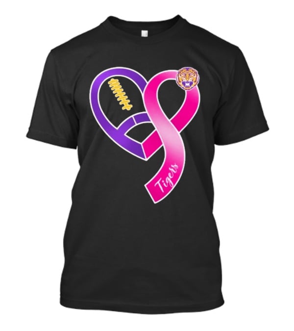 LSU Tigers Breast Cancer Awareness 2026 Heart Ribbon Football T-Shirt