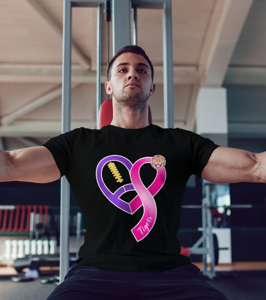 LSU Tigers Breast Cancer Awareness 2026 Heart Ribbon Football T-Shirt
